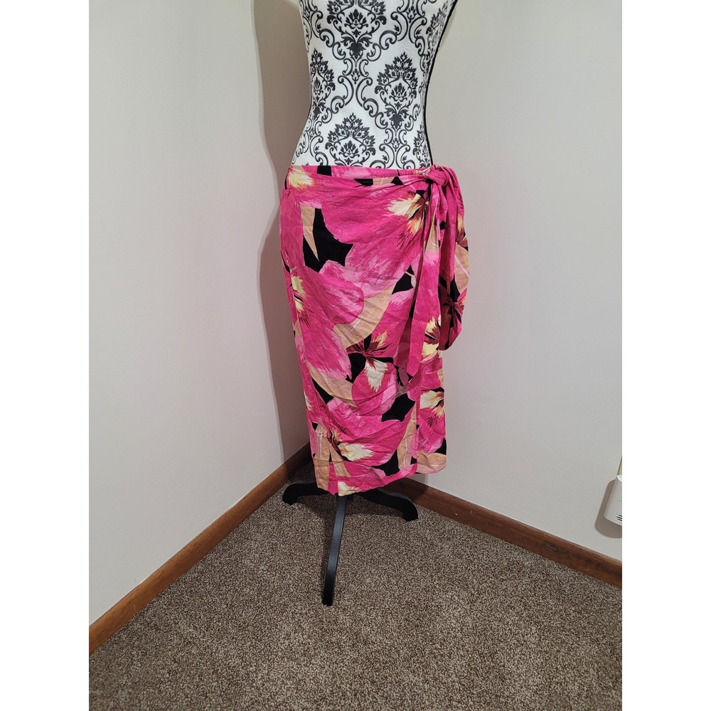 NWT H&M Floral Linen Blend Wrap Skirt Womens 10 Pink Tropical Sarong - Picture 4 of 5